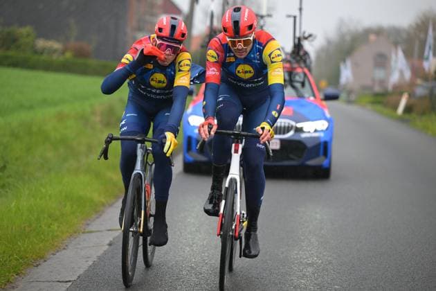 L-R, Danish Mads Pedersen of Lidl-Trek and German Max Walscheid of Lidl-Trek pictured at a track reconaissance ahead of the Ronde van Vlaanderen Tour des Flandres Tour of Flanders cycling race, Thursday 02 April 2026. The 110th edition of the cycling race will take place on Sunday 05 April. DAVIDxPINTENS  x169583290x