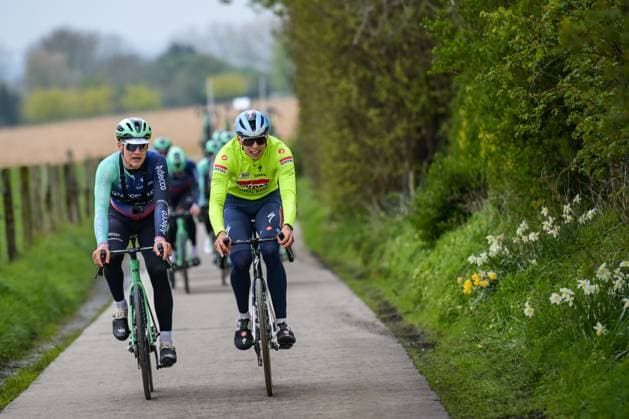 Dutch Daan Hoole of Decathlon CMA CGM Team and French Paul Magnier of Soudal Quick-Step pictured in action during a track reconaissance ahead of the Ronde van Vlaanderen Tour des Flandres Tour of Flanders cycling race, Thursday 02 April 2026. The 110th edition of the cycling race will take place on Sunday 05 April. DAVIDxPINTENS  x169592286x