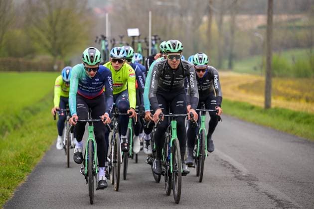 Decathlon CMA CGM Team riders pictured in action during a track reconaissance ahead of the Ronde van Vlaanderen Tour des Flandres Tour of Flanders cycling race, Thursday 02 April 2026. The 110th edition of the cycling race will take place on Sunday 05 April. DAVIDxPINTENS  x169592299x