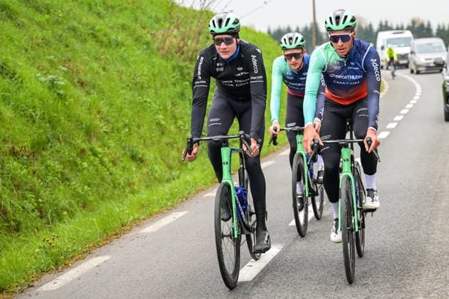 Dutch Daan Hoole of Decathlon CMA CGM Team and Belgian Oliver Naesen of Decathlon CMA CGM Team pictured in action during a track reconaissance ahead of the Ronde van Vlaanderen Tour des Flandres Tour of Flanders cycling race, Thursday 02 April 2026. The 110th edition of the cycling race will take place on Sunday 05 April. DAVIDxPINTENS  x169592623x