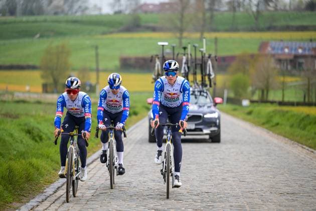 Belgian Remco Evenepoel of Red Bull-BORA-hansgrohe, Slovenian Jan Tratnik of Red Bull-BORA-hansgrohe and Australian Jarrad Drizners of Red Bull-BORA-hansgrohe pictured in action during a track reconaissance ahead of the Ronde van Vlaanderen Tour des Flandres Tour of Flanders cycling race, Thursday 02 April 2026. The 110th edition of the cycling race will take place on Sunday 05 April. DAVIDxPINTENS  x169592629x