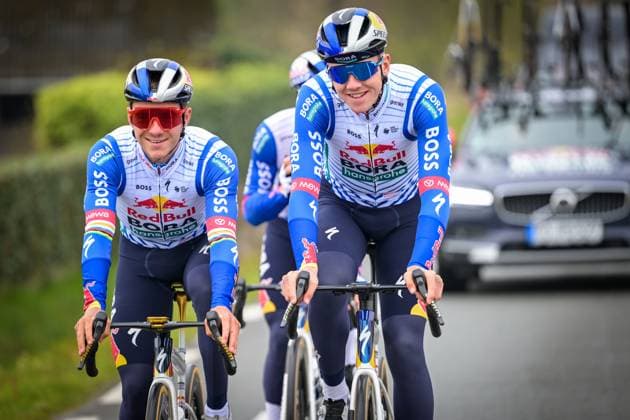 Belgian Remco Evenepoel of Red Bull-BORA-hansgrohe and Australian Jarrad Drizners of Red Bull-BORA-hansgrohe pictured in action during a track reconaissance ahead of the Ronde van Vlaanderen Tour des Flandres Tour of Flanders cycling race, Thursday 02 April 2026. The 110th edition of the cycling race will take place on Sunday 05 April. DAVIDxPINTENS  x169593675x