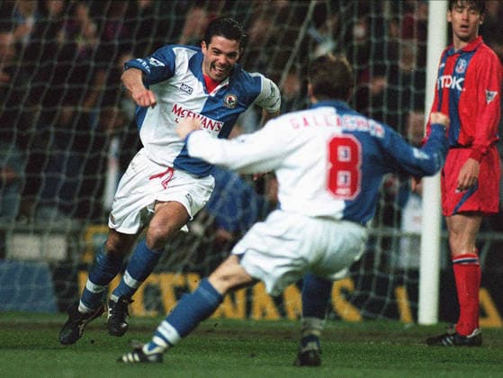 Blackburn Rovers V Crystal Palace, Premier League Jeff Kenna of Blackburn Rovers celebrates during the Premier League match between Blackburn Rovers and Crystal Palace at Ewood Park on April 20, 1995 in Blackburn, England. Blackburn Ewood Park England United Kingdom Copyright: xAllstarxPicturexLibraryxLtdx