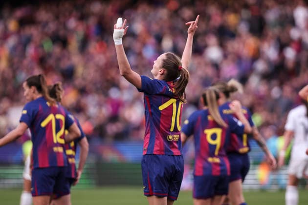 April 2, 2026, Barcelona, Barcelona, SPAIN: Caroline Graham Hansen of FC Barcelona, Barca celebrates a goal during the UEFA WomenÃ¢â‚¬â ¢s Champions League 2025 26 Quarter-finals second Leg, football match played between FC Barcelona and Real Madrid CF at Spotify Camp Nou stadium on April 02, 2026 in Barcelona, Spain. Barcelona SPAIN - ZUMAa181 20260402_zaa_a181_032 Copyright: xJavierxBorregox