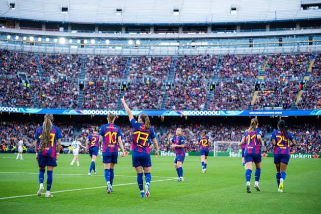 Spain-Football-Women Champions League - FC Barcelona, Barca v Real Madrid CF in Barcelona, Spain. Barcelona, Spain, 2, April, 2026. FC Barcelona players during the score of (17) on Women Champions League match between FC Barcelona and Real Madrid CF in Spotify Camp Nou Stadium, Barcelona, Spain, on April 2, 2026. Barcelona Spotify Camp Nou Stadium Barcelona Spain