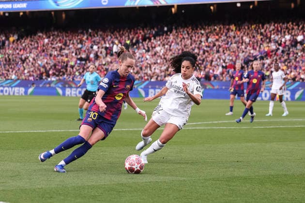 April 2, 2026, Barcelona, Barcelona, SPAIN: Caroline Graham Hansen of FC Barcelona, Barca and Yasmim Assis Ribeiro of Real Madrid CF in action during the UEFA WomenÃ¢â‚¬â ¢s Champions League 2025 26 Quarter-finals second Leg, football match played between FC Barcelona and Real Madrid CF at Spotify Camp Nou stadium on April 02, 2026 in Barcelona, Spain. Barcelona SPAIN - ZUMAa181 20260402_zaa_a181_044 Copyright: xJavierxBorregox