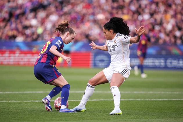 April 2, 2026, Barcelona, Barcelona, SPAIN: Caroline Graham Hansen of FC Barcelona, Barca and Yasmim Assis Ribeiro of Real Madrid CF in action during the UEFA WomenÃ¢â‚¬â ¢s Champions League 2025 26 Quarter-finals second Leg, football match played between FC Barcelona and Real Madrid CF at Spotify Camp Nou stadium on April 02, 2026 in Barcelona, Spain. FC Barcelona V Real Madrid CF - UEFA WomenÃ¢â‚¬â ¢S Champions League 2025 26 Quarter-Finals Second Leg  - ZUMAa181 20260402_zaa_a181_049 Copyright: xJavierxBorregox