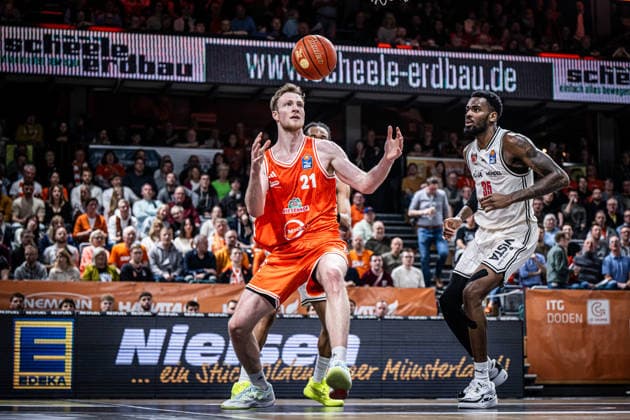 1 Basketball Bundesliga, easyCredit BBL, Season 2025 2026, Men, Main Round, Matchday 27, 02 04 2026, RASTA Vechta BMA365 Bamberg Baskets Lars Thiemann 21 RASTA Vechta in action Vechta RASTA Dome Lower Saxony Germany