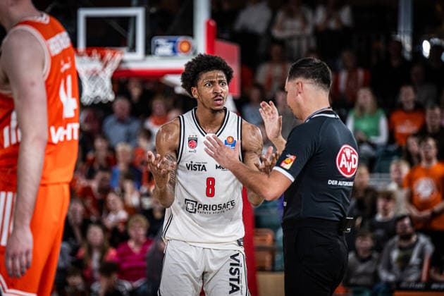 1 Basketball Bundesliga, easyCredit BBL, Season 2025 2026, Men, Main Round, Matchday 27, 02 04 2026, RASTA Vechta BMA365 Bamberg Baskets Demarcus Demonia 8 BMA365 Bamberg Baskets during the game Vechta RASTA Dome Lower Saxony Germany