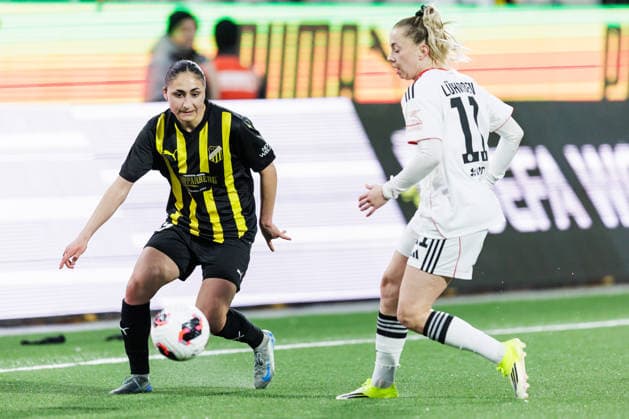 260402 Nesrin Akgun of Häcken and Nina Luhrben of Eintracht Frankfurt during the UEFA Women s Europa Cup semifinal between Häcken and Eintracht Frankfurt on April 2, 2026 in Gothenburg Photo Michael Erichsen BILDBYRAN COP 89 MI0962 fotboll football soccer fotball europa cup häcken eintracht frankfurt uefa womens europa cup dam bbeng semifinal  Copyright: MICHAELxERICHSEN BB260402MI031