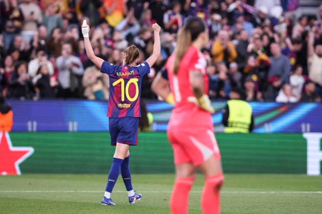 April 2, 2026, Barcelona, Barcelona, SPAIN: Caroline Graham Hansen of FC Barcelona, Barca celebrates a goal during the UEFA WomenÃ¢â‚¬â ¢s Champions League 2025 26 Quarter-finals second Leg, football match played between FC Barcelona and Real Madrid CF at Spotify Camp Nou stadium on April 02, 2026 in Barcelona, Spain. Barcelona SPAIN - ZUMAa181 20260402_zaa_a181_068 Copyright: xJavierxBorregox