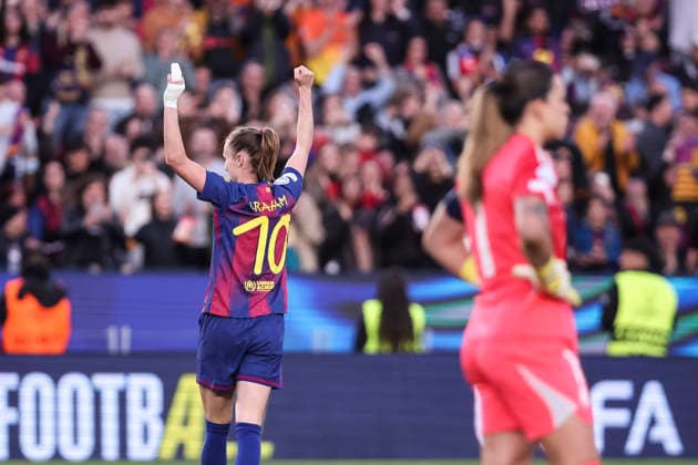 April 2, 2026, Barcelona, Barcelona, SPAIN: Caroline Graham Hansen of FC Barcelona, Barca celebrates a goal during the UEFA WomenÃ¢â‚¬â ¢s Champions League 2025 26 Quarter-finals second Leg, football match played between FC Barcelona and Real Madrid CF at Spotify Camp Nou stadium on April 02, 2026 in Barcelona, Spain. Barcelona SPAIN - ZUMAa181 20260402_zaa_a181_069 Copyright: xJavierxBorregox