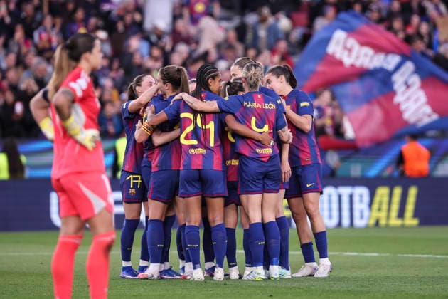 April 2, 2026, Barcelona, Barcelona, SPAIN: Caroline Graham Hansen of FC Barcelona, Barca celebrates a goal with teammates during the UEFA WomenÃ¢â‚¬â ¢s Champions League 2025 26 Quarter-finals second Leg, football match played between FC Barcelona and Real Madrid CF at Spotify Camp Nou stadium on April 02, 2026 in Barcelona, Spain. Barcelona SPAIN - ZUMAa181 20260402_zaa_a181_071 Copyright: xJavierxBorregox