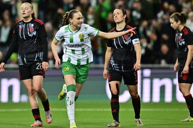 STOCKHOLM, SWEDEN 20260402 Hammarby s Vilde Hasund celebrates after scoring 2 0 in front of Sparta Prague s Denisa Rancova and Eva Bartonova during the UEFA Women s Europa Cup 2nd leg semi final soccer match between Hammarby IF and AC Sparta Praha at 3Arena, in Stockholm, Sweden, on April 2, 2026 STOCKHOLM SWEDEN x10030x  Copyright: xJonasxEkströmer TTx SWEDEN SOCCER UEFA WOMEN S EUROPA CUP