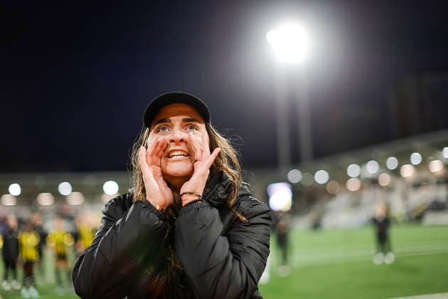 GÖTEBORG, SWEDEN 20260402 Häcken coach Elena Sadiku celebrates after Thursdays Europa Cup semi-final between BK Häcken and Eintracht Frankfurt at Nordic Wellness arena Hisingen Arena GÖTEBORG SWEDEN x9200x  Copyright: xAdamxIhse TTx EUROPA CUP HÄCKEN-FRANKFURT