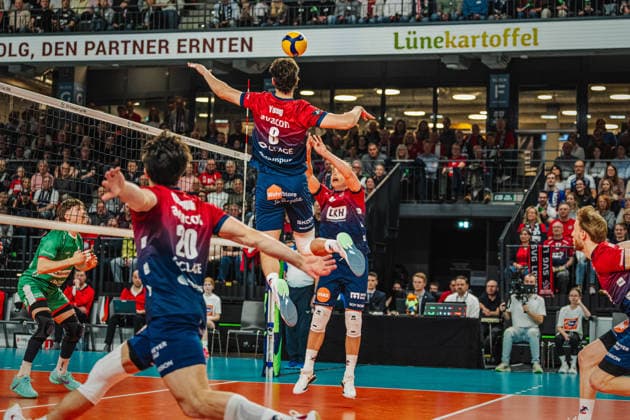 Volleyball Mens CEV Cup 2026 semi-final SVG Lüneburg vs VC Greenyard MAASEIK 02 04 2026 Santeri Välimaa 12 SVG Lüneburg plays the ball to Cole Young 8 SVG Lüneburg