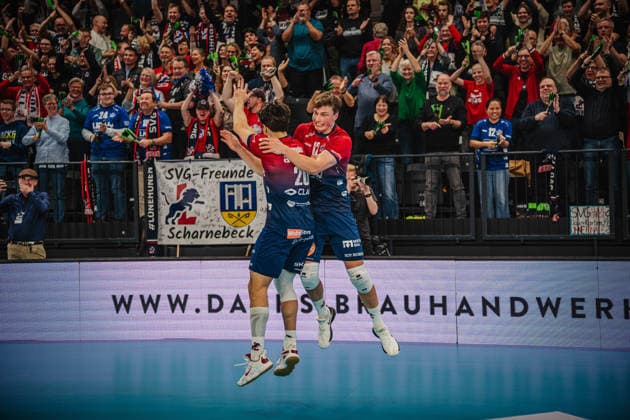 Volleyball Mens CEV Cup 2026 Semi-final SVG Lüneburg vs VC Greenyard MAASEIK 02 04 2026 Santeri Välimaa 12 SVG Lüneburg and Ethan Champlin 20 SVG Lüneburg jump for joy at reaching the final
