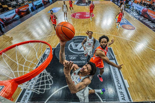 1 Basketball Bundesliga, easyCredit BBL, Season 2025 2026, Men, Main Round, Matchday 27, 02 04 2026, RASTA Vechta BMA365 Bamberg Baskets Demarcus Demonia 8 BMA365 Bamberg Baskets at basketball Vechta RASTA Dome Lower Saxony Germany