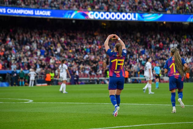 FC Barcelona, Barca v REAL MADRID CF SPOTIFY CAMP NOU. BARCELONA. April 2, 2026 FC BARCELONA vs REAL MADRID CF April 2, 2026 Pajor (17) of FC Barcelona celebrates scoring his team s fourth goal during the soccer match corresponding to the quarter finals of the UEFA Women s Champions League between FC Barcelona and Newcastle United at Spotify Camp Nou in Barcelona, Spain. Barcelona ESP Copyright: xS.xRosx