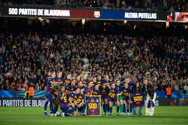 Spain-Football-Women Champions League - FC Barcelona, Barca v Real Madrid CF in Barcelona, Spain. Barcelona, Spain, 2, April, 2026. FC Barcelona women players celebrate the victory and the 500 matches of (11) Alexia Putellas as a FC Barcelona player during Women Champions League match between FC Barcelona and Real Madrid CF in Spotify Camp Nou Stadium, Barcelona, Spain, on April 2, 2026. Barcelona Spotify Camp Nou Stadium Barcelona Spain