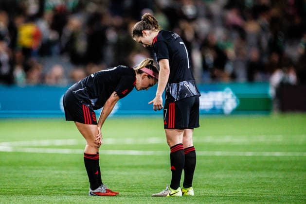 260402 Franny Cerna and Antonie Starova of Sparta Prague looks dejected during the UEFA Women s Europa Cup semifinal between Hammarby and Sparta Prague on April 2, 2026 in Stockholm Photo Kenta Jönsson BILDBYRAN COP 210 KJ0331 fotboll football soccer fotball europa cup hammarby sparta prague uefa womens europa cup semifinal dam bbeng depp  Copyright: KENTAxJÖNSSON BB260402KJ063