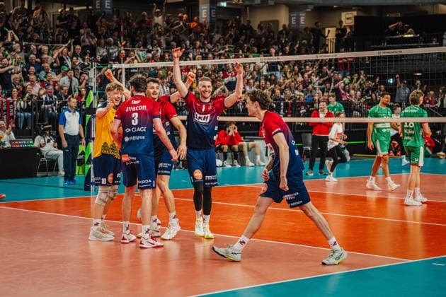 Volleyball Mens CEV Cup 2026 semi-final SVG Lüneburg vs VC Greenyard MAASEIK 02 04 2026 The SVG Lüneburg team celebrates