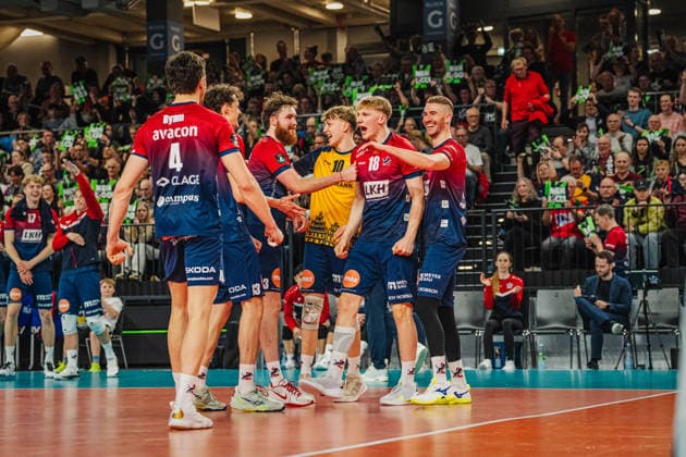Volleyball Mens CEV Cup 2026 semi-final SVG Lüneburg vs VC Greenyard MAASEIK 02 04 2026 The SVG Lüneburg team celebrates