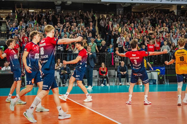 Volleyball Mens CEV Cup 2026 semi-final SVG Lüneburg vs VC Greenyard MAASEIK 02 04 2026 The SVG Lüneburg team celebrates after the win against Maaseik