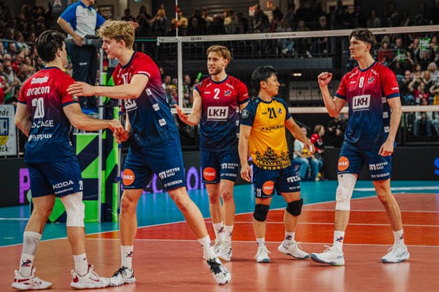 Volleyball Mens CEV Cup 2026 semi-final SVG Lüneburg vs VC Greenyard MAASEIK 02 04 2026 The SVG Lüneburg team celebrates