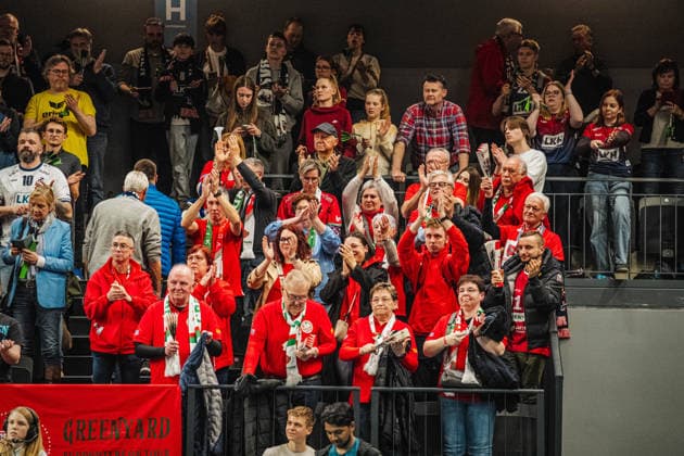 Volleyball Mens CEV Cup 2026 semi-final SVG Lüneburg vs VC Greenyard MAASEIK 02 04 2026 The Greenyard Maaseik fan club applauds its own team