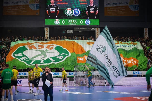 02 04 2026, xovx, Handball Daikin Handball Bundesliga, HSG Wetzlar TVB Stuttgart Fans of HSG Wetzlar in the Buderus Arena with Fanclub Flag Wetzlar Buderus Arena Hessen Germany EN