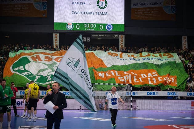 02 04 2026, xovx, Handball Daikin Handball Bundesliga, HSG Wetzlar TVB Stuttgart Fans of HSG Wetzlar in the Buderus Arena with fan club flag Wetzlar Buderus Arena Hessen Germany EN
