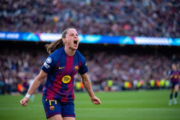 Spain-Football-Women Champions League - FC Barcelona, Barca v Real Madrid CF in Barcelona, Spain. Barcelona, Spain, 2, April, 2026. FC Barcelona woman player (17) Ewa Pajor celebrates her score during Women Champions League match between FC Barcelona and Real Madrid CF in Spotify Camp Nou Stadium, Barcelona, Spain, on April 2, 2026. Barcelona Spotify Camp Nou Stadium Barcelona Spain