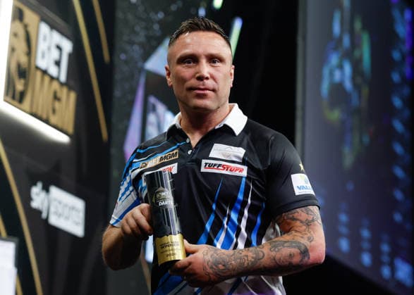 Manchester, England, 2nd April 2026. Gerwyn Price poses with the trophy following victory in the final following the Gerwyn Price v Gian van Veen2026 BetMGM Premier League final match at AO Arena, Manchester. Picture credit should read: Cody Froggatt Sportimage EDITORIAL USE ONLY. No use with unauthorised audio, video, data, fixture lists, club league logos or live services. Online in-match use limited to 120 images, no video emulation. No use in betting, games or single club league player publications. SPI_070_CF_Manchester__Darts_Premier_League SPI-4666-0033