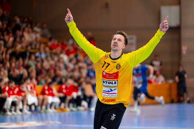 Mark Ferjan Nr 77, VfL Luebeck Schwartau rejoices VfL Luebeck Schwartau vs HSG Nordhorn Lingen, Handball, 2 Bundesliga, 02 04 26 Luebeck Schleswig Holstein Germany Copyright: xAgentur54GradÂ°x xFelixxKoenigx