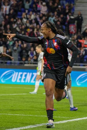 Lyon, France 02 April 2026 UEFA Women™s Champions League quarter-final second leg OL Lyonnes vs VfL Wolfsburg Women In the picture scorer Marie Antoinette Katoto OL Lyonnes scores the goal to make it 2-0 for Lyon and cheers, but this does not count after a VAR check Copyright: HMBxMedia MadeleinexFantini