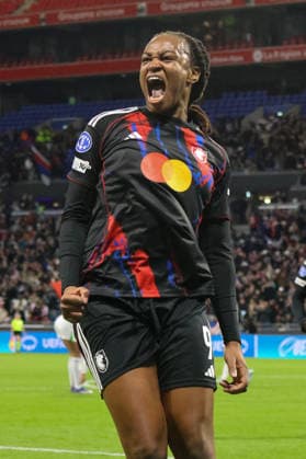 Lyon, France 02 April 2026 UEFA Women™s Champions League quarter-final second leg OL Lyonnes vs VfL Wolfsburg Women In the picture scorer Marie Antoinette Katoto OL Lyonnes scores the goal to make it 2-0 for Lyon and cheers, but this does not count after a VAR check Copyright: HMBxMedia MadeleinexFantini