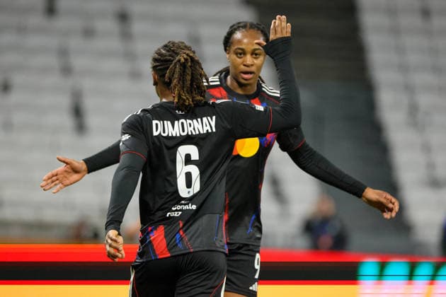 Lyon, France 02 April 2026 UEFA Women™s Champions League quarter-final second leg OL Lyonnes vs VfL Wolfsburg Women In the picture from left scorer Marie Antoinette Katoto OL Lyonnes scores the goal to make it 2-0 for Lyon and high-fives Melchie Dumornay OL Lyonnes, which does not count after VAR check Copyright: HMBxMedia MadeleinexFantini
