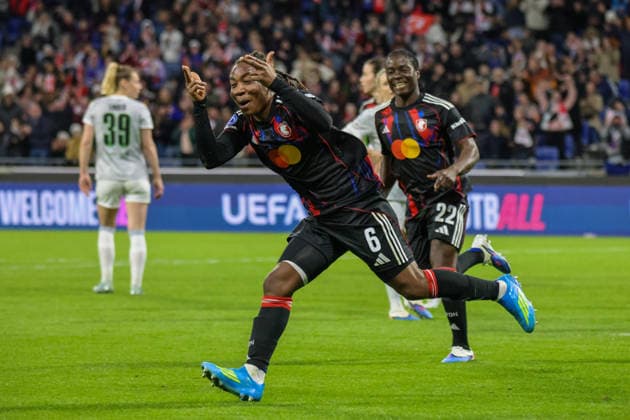 Lyon, France 02 April 2026 UEFA Women™s Champions League quarter-final second leg OL Lyonnes vs VfL Wolfsburg Women In the picture scorer Melchie Dumornay OL Lyonnes scores the goal to make it 2-0 for Lyon and cheers Copyright: HMBxMedia MadeleinexFantini