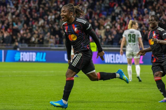 Lyon, France 02 April 2026 UEFA Women™s Champions League quarter-final second leg OL Lyonnes vs VfL Wolfsburg Women In the picture scorer Melchie Dumornay OL Lyonnes scores the goal to make it 2-0 for Lyon and cheers Copyright: HMBxMedia MadeleinexFantini