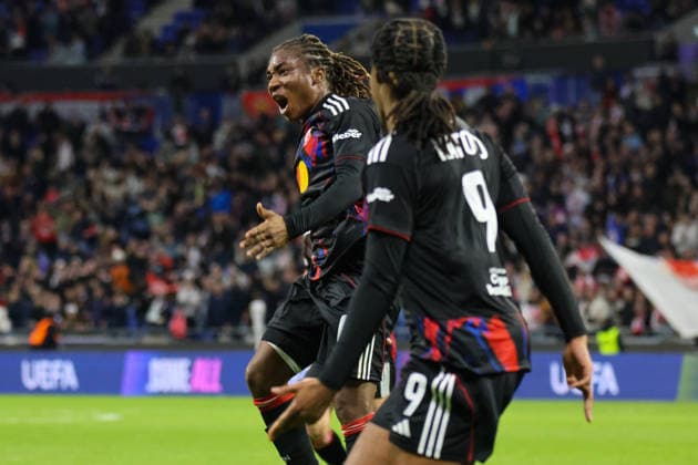 Lyon, France 02 April 2026 UEFA Women™s Champions League quarter-final second leg OL Lyonnes vs VfL Wolfsburg Women In the picture scorer Melchie Dumornay OL Lyonnes scores the goal to make it 2-0 for Lyon and cheers Copyright: HMBxMedia MadeleinexFantini