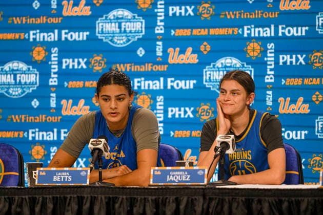 NCAA, College League, USA Final Four Basketball: Texas Longhorns at UCLA Bruins UCLA Bruins center Lauren Betts (51) and forward Gabriela Jaquez (11) addresses the media during a press conference, PK, Pressekonferenz at the Mortgage Matchup Center on April 2, 2026 in Phoenix, Arizona. (Thomas Fernandez Image of . Phoenix Arizona United States EDITORIAL USE ONLY Copyright: xImagexofxSportx ThomasxFernandezx iosphotos403659