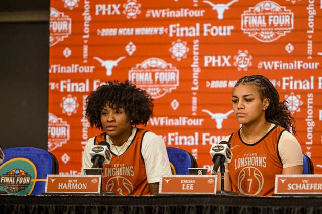 NCAA, College League, USA Final Four Basketball: Texas Longhorns at UCLA Bruins Texas Longhorns guard Rori Harmon (3), guard Jordan Lee (7) addresses the media during a press conference, PK, Pressekonferenz at the Mortgage Matchup Center on April 2, 2026 in Phoenix, Arizona. (Thomas Fernandez Image of . Phoenix Arizona United States EDITORIAL USE ONLY Copyright: xImagexofxSportx ThomasxFernandezx iosphotos403675