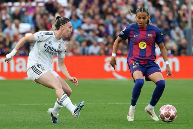 Barcelona FC v Real Madrid CF - UEFA Women s Champions League 2025 26 Quarter-finals Second Leg Eva Navarro and Vicky Lopez play during the match between FC Barcelona, Barca Femeni and Real Madrid Femenino, the 2nd leg of the Quarter-finals of the UEFA Women s Champions League, at the Spotify Camp Nou in Barcelona, Spain, on April 2, 2026. Barcelona Barcelona Spain  Copyright: xUrbanandsportx originalFilename:urbanandsport-fcbarcel260402_npc74.jpg