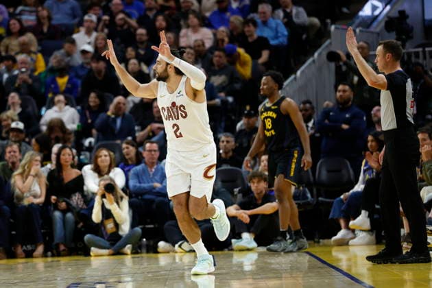 NBA, Basketball Herren, USA - Cleveland Cavaliers at Golden State Warriors Cleveland Cavaliers guard forward Max Strus reacts after shooting a three point basket against the Golden State Warriors during the second half of the NBA game between the Cleveland Cavaliers and the Golden State Warriors in San Francisco, California, USA, 02 April 2026. SAN FRANCISCO CALIFORNIA United States  Copyright: xJOHNxG.xMABANGLOx