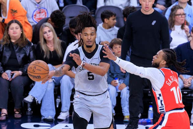 April 2, 2026, Inglewood, California, USA: Stephon Castle 5 of the San Antonio Spurs passes the ball as Darius Garland 10 of the Los Angeles Clippers defends during their regular season NBA, Basketball Herren, USA game on Thursday April 2, 2026 at Intuit Dome in Inglewood, California. Clippers lose to Spurs, 99-118. ARIANA RUIZ PI Clippers Vs. Spurs  - ZUMAp124 20260402_zaa_p124_056 Copyright: xArianaxRuizx