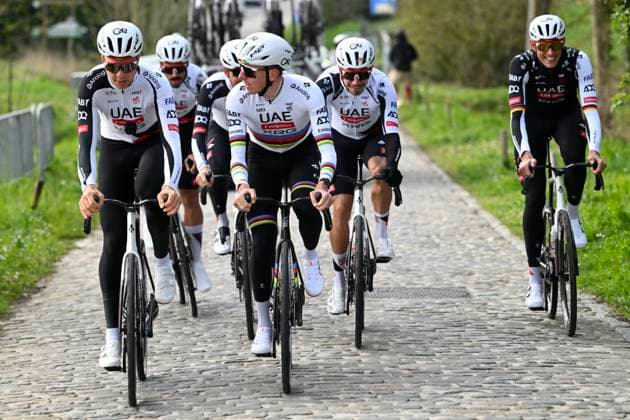 Ronde van Vlaanderen 2026 Cycling Race Media Activities 03 04 2026 OUDENAARDE, BELGIUM - APRIL 03 : Vermeersch Florian (BEL) of UAE Team Emirates XRG, Pogacar Tadej (SLO) of UAE Team Emirates XRG riding during a training and reconnaissance session ahead of the 110th edition of Ronde van Vlaanderen an UCI World Tour 1.UWT one day cycling road race for Men Elite of 271 km with start in Antwerpen and finish in Oudenaarde on April 3, 2026 in Oudenaarde, Belgium, 03 04 2026 ( Motordriver Guy De Vuyst - Oudenaarde Belgium  Copyright: xNicoxVereeckenx