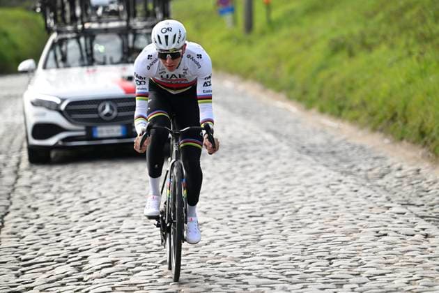 Ronde van Vlaanderen 2026 Cycling Race Media Activities 03 04 2026 OUDENAARDE, BELGIUM - APRIL 03 : Pogacar Tadej (SLO) of UAE Team Emirates XRG riding during a training and reconnaissance session ahead of the 110th edition of Ronde van Vlaanderen an UCI World Tour 1.UWT one day cycling road race for Men Elite of 271 km with start in Antwerpen and finish in Oudenaarde on April 3, 2026 in Oudenaarde, Belgium, 03 04 2026 ( Motordriver Guy De Vuyst - Oudenaarde Belgium  Copyright: xNicoxVereeckenx