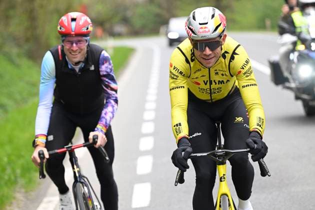 Ronde van Vlaanderen 2026 Cycling Race Media Activities 03 04 2026 OUDENAARDE, BELGIUM - APRIL 03 : Van Aert Wout (BEL) of Team Visma Lease a Bike and Bakelants Jan riding during a training and reconnaissance session ahead of the 110th edition of Ronde van Vlaanderen an UCI World Tour 1.UWT one day cycling road race for Men Elite of 271 km with start in Antwerpen and finish in Oudenaarde on April 3, 2026 in Oudenaarde, Belgium, 03 04 2026 ( Motordriver Guy De Vuyst - Oudenaarde Belgium  Copyright: xNicoxVereeckenx
