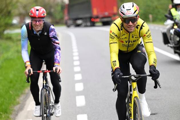 Ronde van Vlaanderen 2026 Cycling Race Media Activities 03 04 2026 OUDENAARDE, BELGIUM - APRIL 03 : Van Aert Wout (BEL) of Team Visma Lease a Bike and Bakelants Jan riding during a training and reconnaissance session ahead of the 110th edition of Ronde van Vlaanderen an UCI World Tour 1.UWT one day cycling road race for Men Elite of 271 km with start in Antwerpen and finish in Oudenaarde on April 3, 2026 in Oudenaarde, Belgium, 03 04 2026 ( Motordriver Guy De Vuyst - Oudenaarde Belgium  Copyright: xNicoxVereeckenx